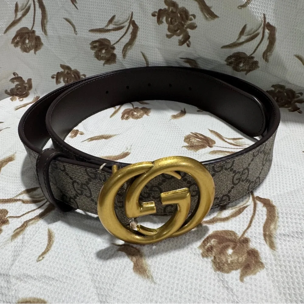 Gucci Brown GG Supreme Canvas Belt with Gold Double G Buckle